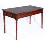 A GEORGE III MAHOGANY SIDE TABLE with fitted end drawer and on ring turned legs, 112cm wide