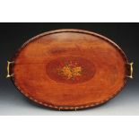 AN EDWARDIAN, SHERATON STYLE OVAL PAINTED TEA TRAY with musical instrument decoration and brass