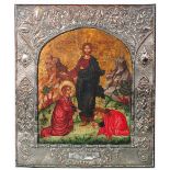 A 20TH CENTURY GREEK ICON painted with standing figure of Christ with worshippers at his feet, oil