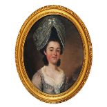 JOHN WRIGHT (c.1760-1820) Bust length portrait of a lady wearing lace trimmed headdress, long dark