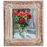 GRIGORY STEPANOVICH VASETSKY (b.1928) Still life - a glass vase of red roses, signed, oil on canvas,