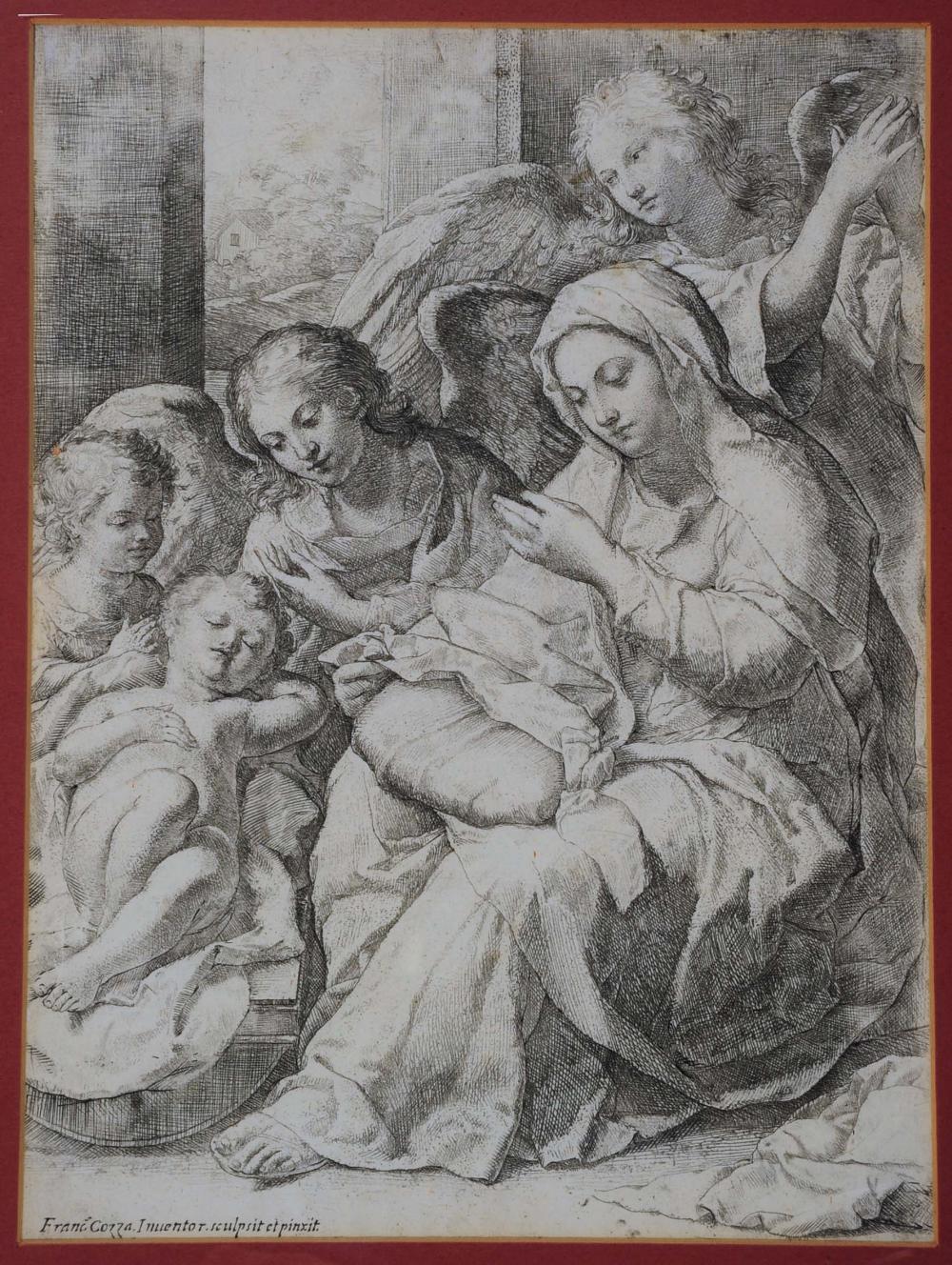 FRANCESCO COZZA The Virgin and Child with three angels, engraving, 29.5 x 21cm