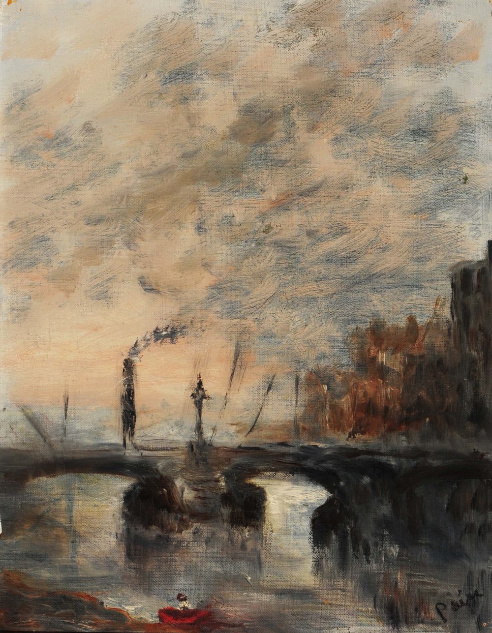 IRENE PAIN (20TH CENTURY) 'Vauxhall at Low Tide 1960', signed, oil on canvas, 49.5 x 39.5cm