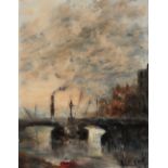 IRENE PAIN (20TH CENTURY) 'Vauxhall at Low Tide 1960', signed, oil on canvas, 49.5 x 39.5cm
