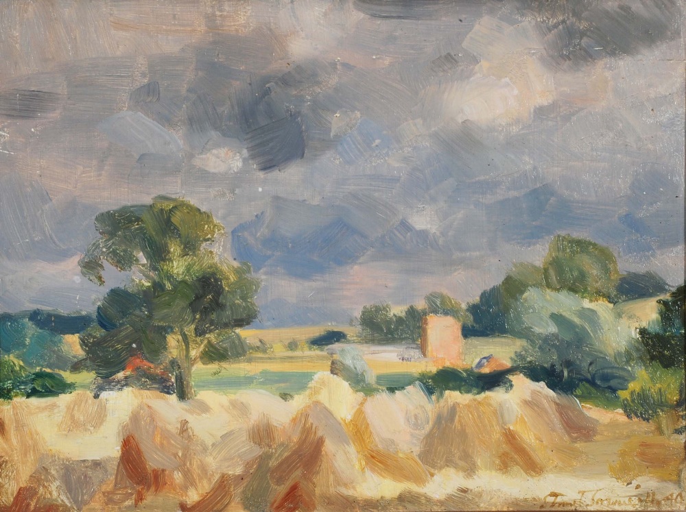 STUART SCOTT SOMERVILLE (1908-1983) A country landscape with haystacks, signed and indistinctly