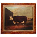 19TH CENTURY ENGLISH PROVINCIAL SCHOOL A prize longhorn bull in a landscape, oil on canvas, 58 x