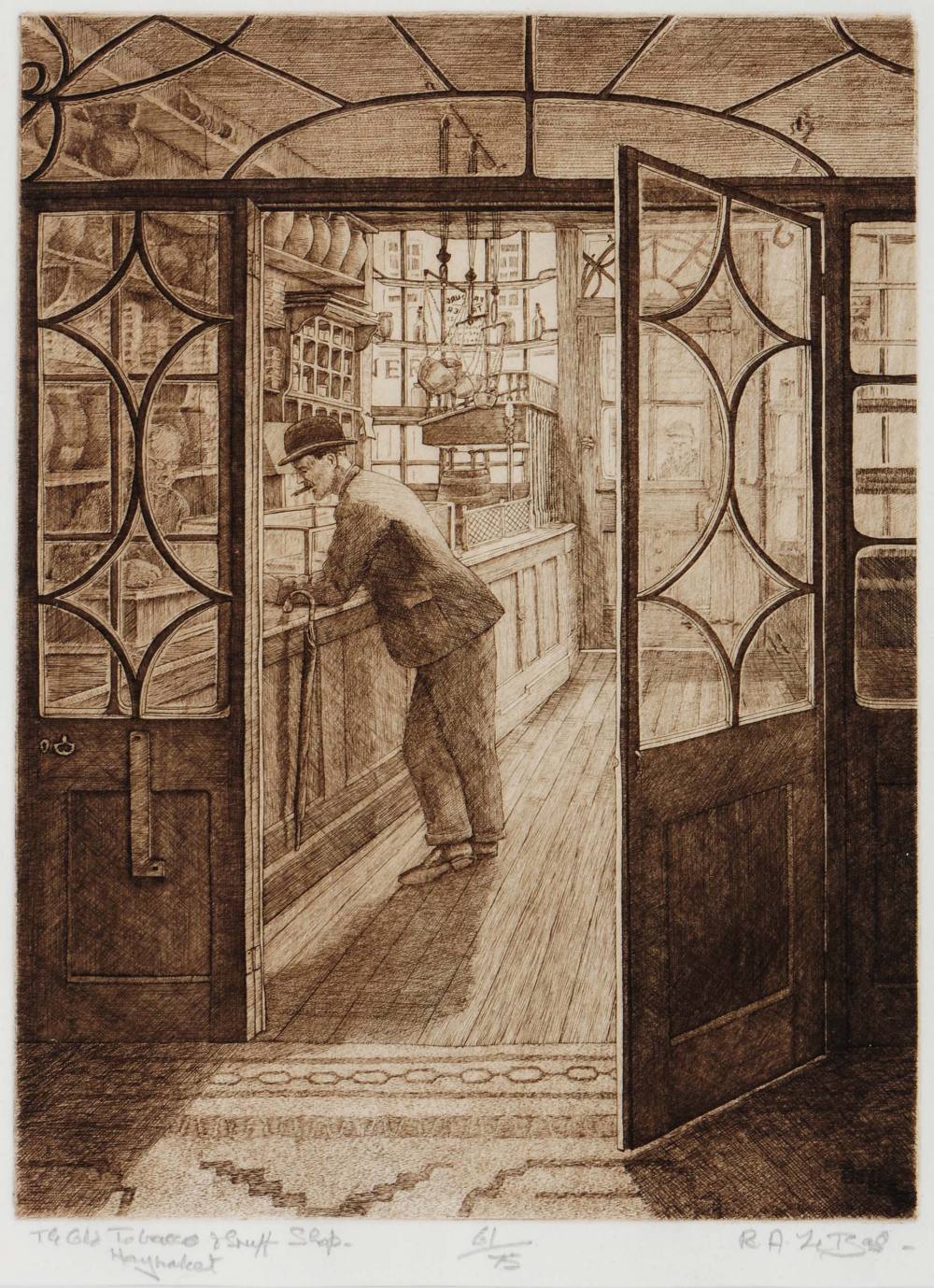 RACHEL ANNE LE BAS (b.1923) 'The Old Tobacco and Snuff Shop, Haymarket', etching, pencil signed,