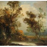 ATTRIBUTED TO THOMAS CHURCHYARD (1798-1865) A wooded pool, oil on panel, 11.5 x 12cm
