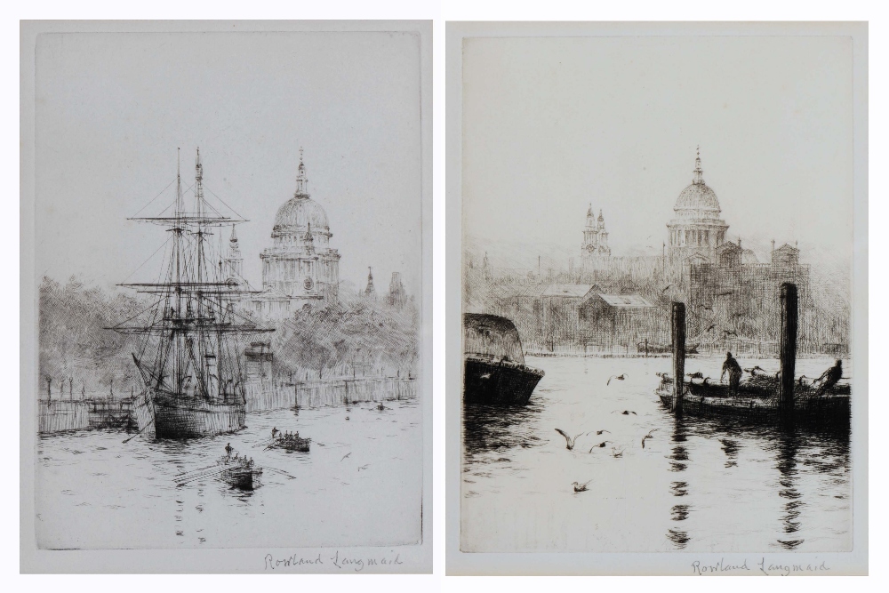 ROWLAND LANGMAID (1897-1956) St Paul's from the Thames, etching, pencil signed in the margin, 20.5 x