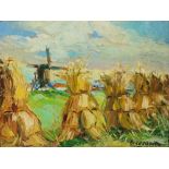 E * LECOMTE Landscape with corn stooks and windmill, signed, inscribed in French verso and dated 'Le