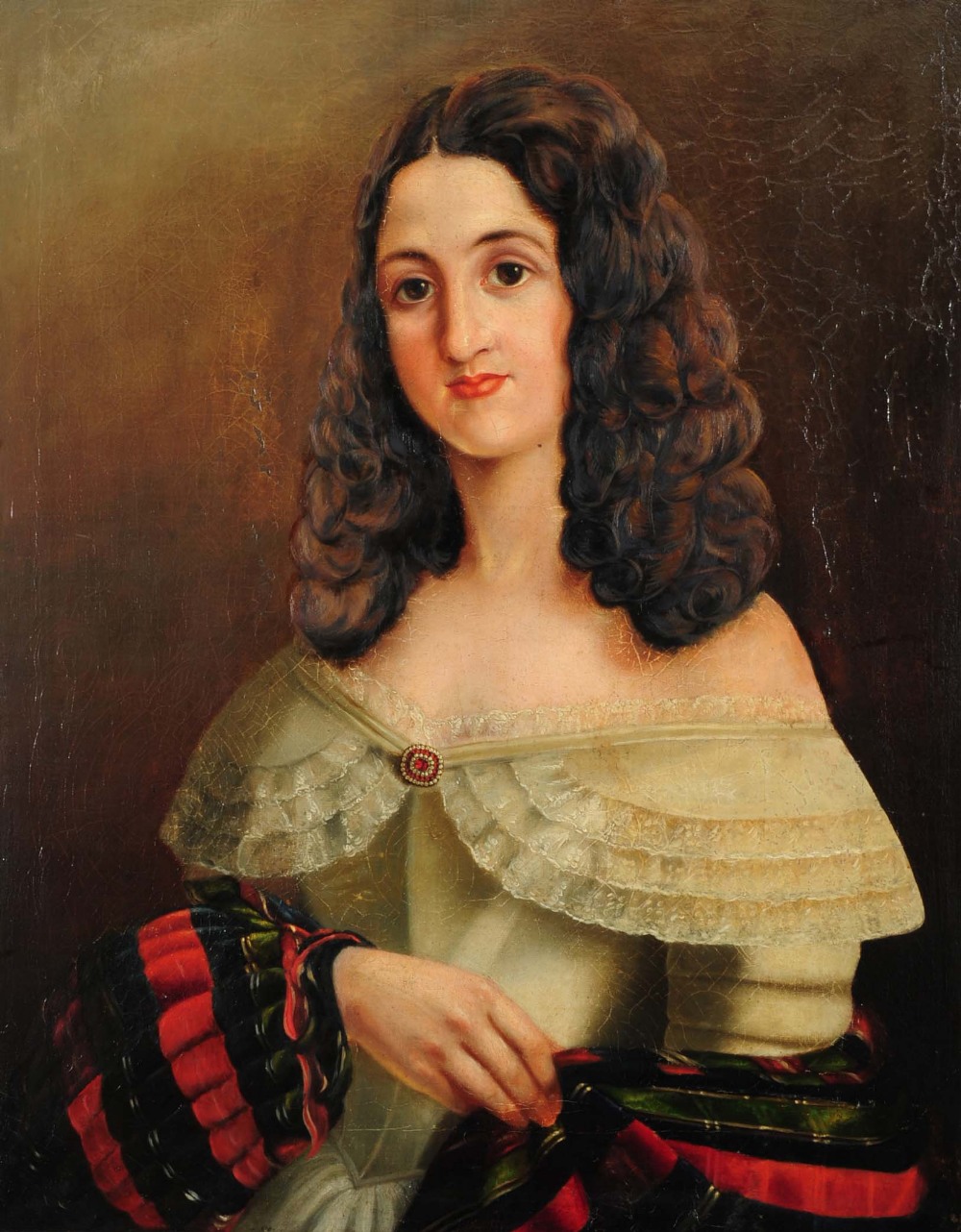 19TH CENTURY SCOTTISH SCHOOL Portrait of a lady with long brown curly hair, wearing dress