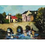 BERNIE KEOGH (20TH CENTURY IRISH SCHOOL) River bridge with buildings, signed, oil on canvas, 34.5