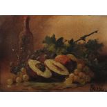 * BOSSI Still life - fruit and a wine bottle, signed, oil on canvas, 23 x 32cm