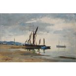 EDWARD WESSON (1910-1983) Moored sailing vessels at low tide, signed, oil on board, 29 x 44.5cm