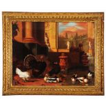 18TH CENTURY CONTINENTAL SCHOOL A turkey, ducks and poultry in a classical setting, oil on canvas,