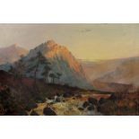 JOEL OWEN (act. 1891-1931) A mountain river landscape at sunset, signed and dated 1928, oil on