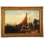 17TH CENTURY GENOESE SCHOOL A gathering of gentle folk with sailing craft off the coast, oil on