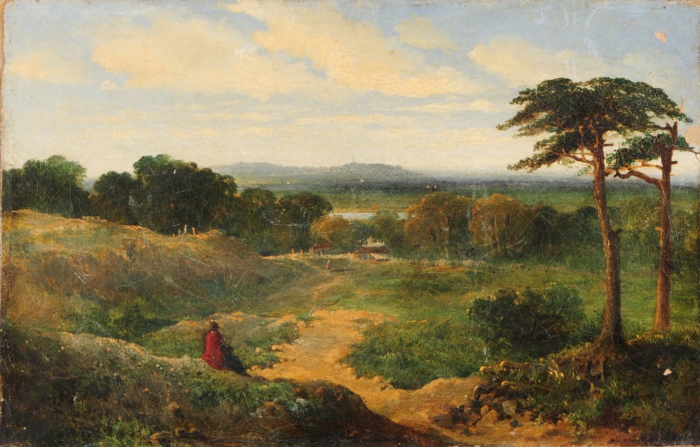 EDWARD HENRY NIEMANN (fl.1863-1867) Landscape with seated figure, possibly Hampstead Heath with