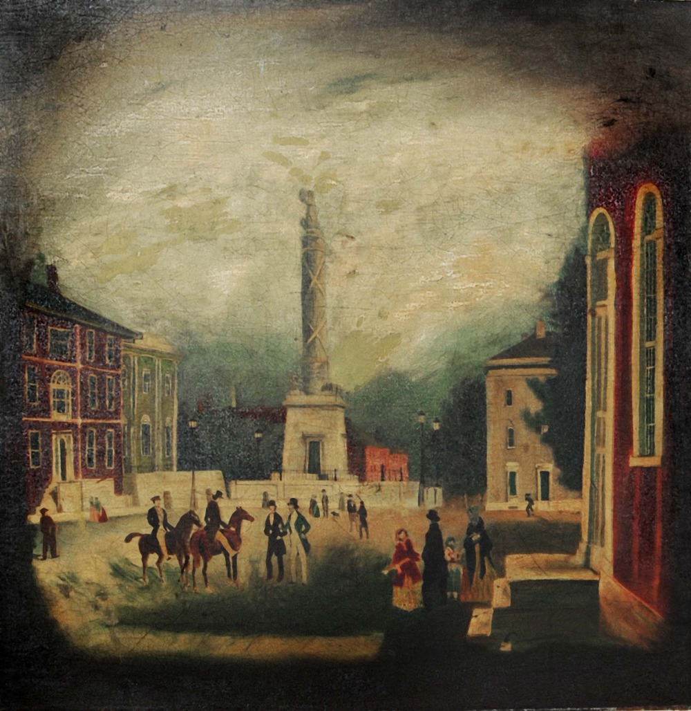 ENGLISH NAIVE SCHOOL Figures on horseback in a town square with monument, oil on board, 71 x 71cm