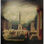 ENGLISH NAIVE SCHOOL Figures on horseback in a town square with monument, oil on board, 71 x 71cm