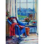 SUE WALES (b.1942) 'Blue Chair in Kitchen', signed, oil on canvas, 39 x 29cm