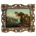 18TH CENTURY FLEMISH SCHOOL A group of figures in a river landscape with buildings, oil on panel,