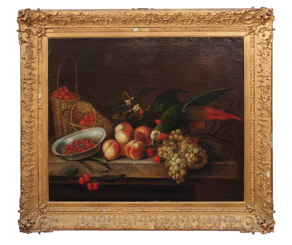 17TH CENTURY CONTINENTAL SCHOOL Still life - a parrot, peaches, bunch of grapes, cherries and