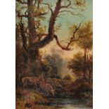 C.P. FIELDING A stag and doe watering in a river landscape, signed, oil on canvas, 34 x 24cm