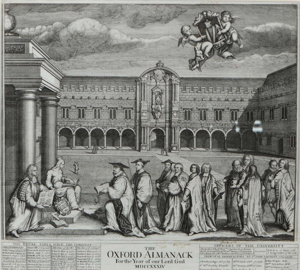 GEORGE VERTUE 'The Oxford Almanack for the Year of our Lord God MDCCXXXIV', engraving (upper portion