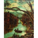 EDGAR LONGSTAFFE (1899-1912) A moonlit river landscape with fisherman, signed with monogram, oil