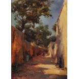 SALLY GAYWOOD (20TH CENTURY) 'Alley Way in the Algarve', signed, oil on board, 16 x 11.5cm