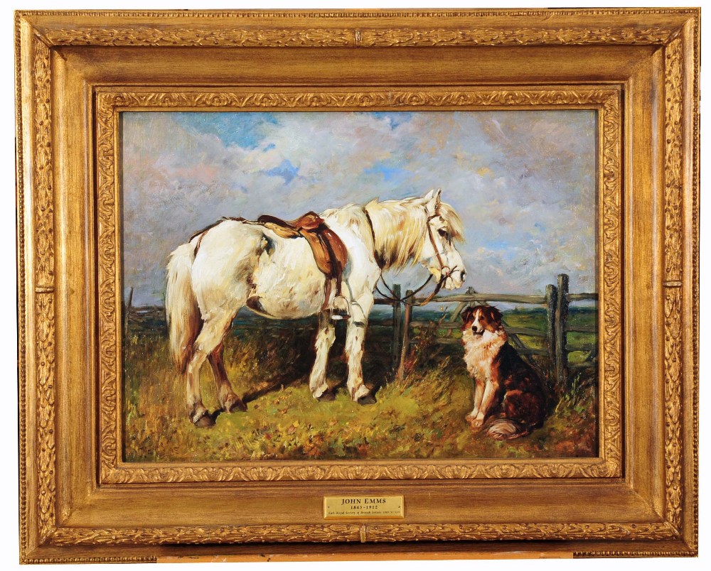 JOHN EMMS (1843-1912) Saddled grey pony and a seated collie by a gate, signed and dated '85, oil