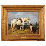 JOHN EMMS (1843-1912) Saddled grey pony and a seated collie by a gate, signed and dated '85, oil