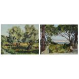 KAY RICHARDSON (1894-1971) A lakeside through trees, oil on canvas board, 41 x 51cm; and four
