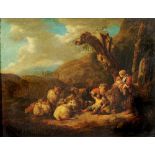 JOHANN HEINRICH ROOS (1631-1685) A mother with children in a landscape with goats, cattle and sheep,