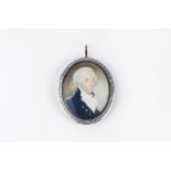 A MID 19TH CENTURY OVAL MINIATURE PORTRAIT of a gentleman, with white stock and blue coat,