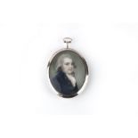 AN EARLY 19TH CENTURY FRENCH OVAL MINIATURE PORTRAIT, of a gentleman, with blue coat, watercolour on