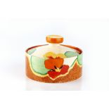 Clarice Cliff 'Nasturtium' pattern pot and cover Bizarre range marks 10cm diameter.