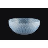 Lalique Bowl opaque glass, moulded with Art Deco geometric pattern etched 'R. Lalique' 21cm