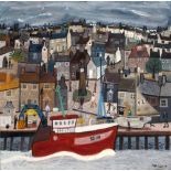 Alan Furneaux (b.1953) SS118 boat by the town signed (lower left) oils on board 62.5cm x 63cm,