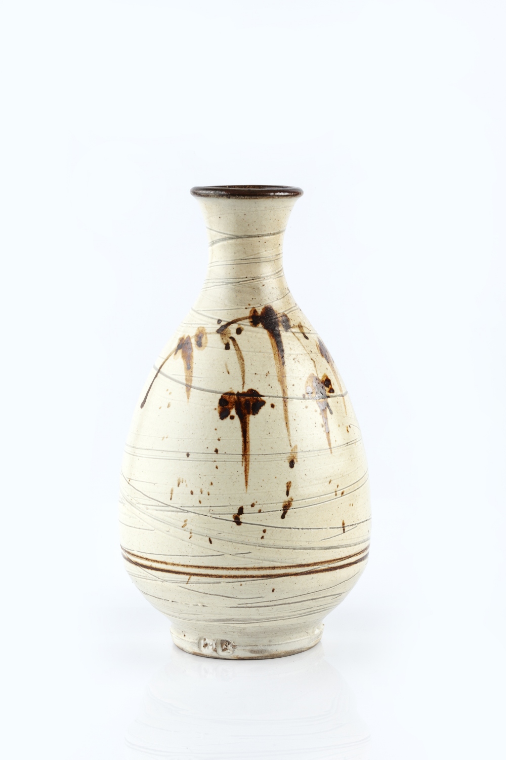 Jim Malone (b.1946) Korean bottle vase hakeme glaze with manganese splashes impressed potter's