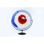 Murano Dish glass, with red, yellow and blue splashes, on stand signed 50cm diameter.