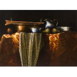 Martin Mooney (b.1960) 'Still Life on Kelim' monogrammed (lower right) oils on board 91cm x 121cm.