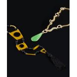 Art Deco Sautoir necklace yellow and black beaded panels issuing a tassel drop on bead and cord