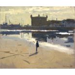 Ken Howard (b.1932) Figure on the beach in France signed (lower right) oils on board 25.5cm x 30.