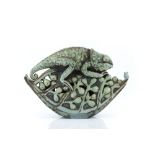 Blandine Anderson (Contemporary) Chameleon and frog impressed potter's seal 37cm across.