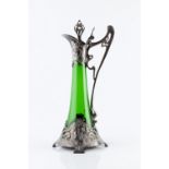 W.M.F Claret jug, circa 1900 green glass and pewter embossed with maidens stamped 'WMF/TP' 41.5cm