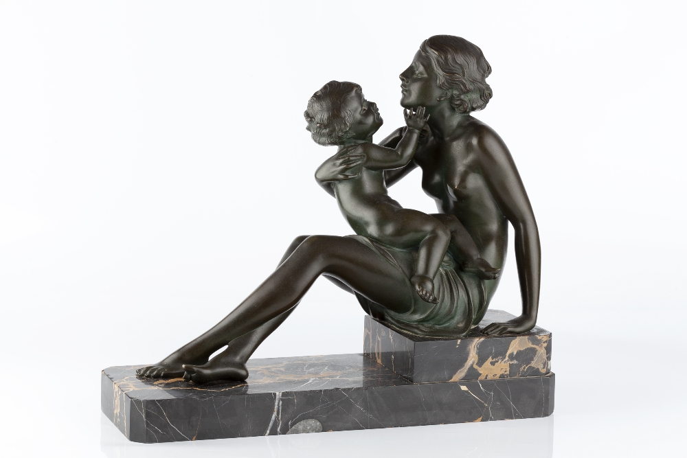Claude Mirval Art Deco model of mother and child bronze, on marble base signed in the cast 34.5cm