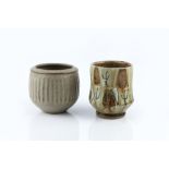 Mike Dodd (b.1943) Tea bowl green running glaze and incised sprigs impressed potter's seal 10cm