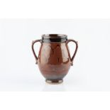 Derek Emms (1929-2004) Vase tenmoku glaze, twin handles impressed potter's seal 19.3cm high.